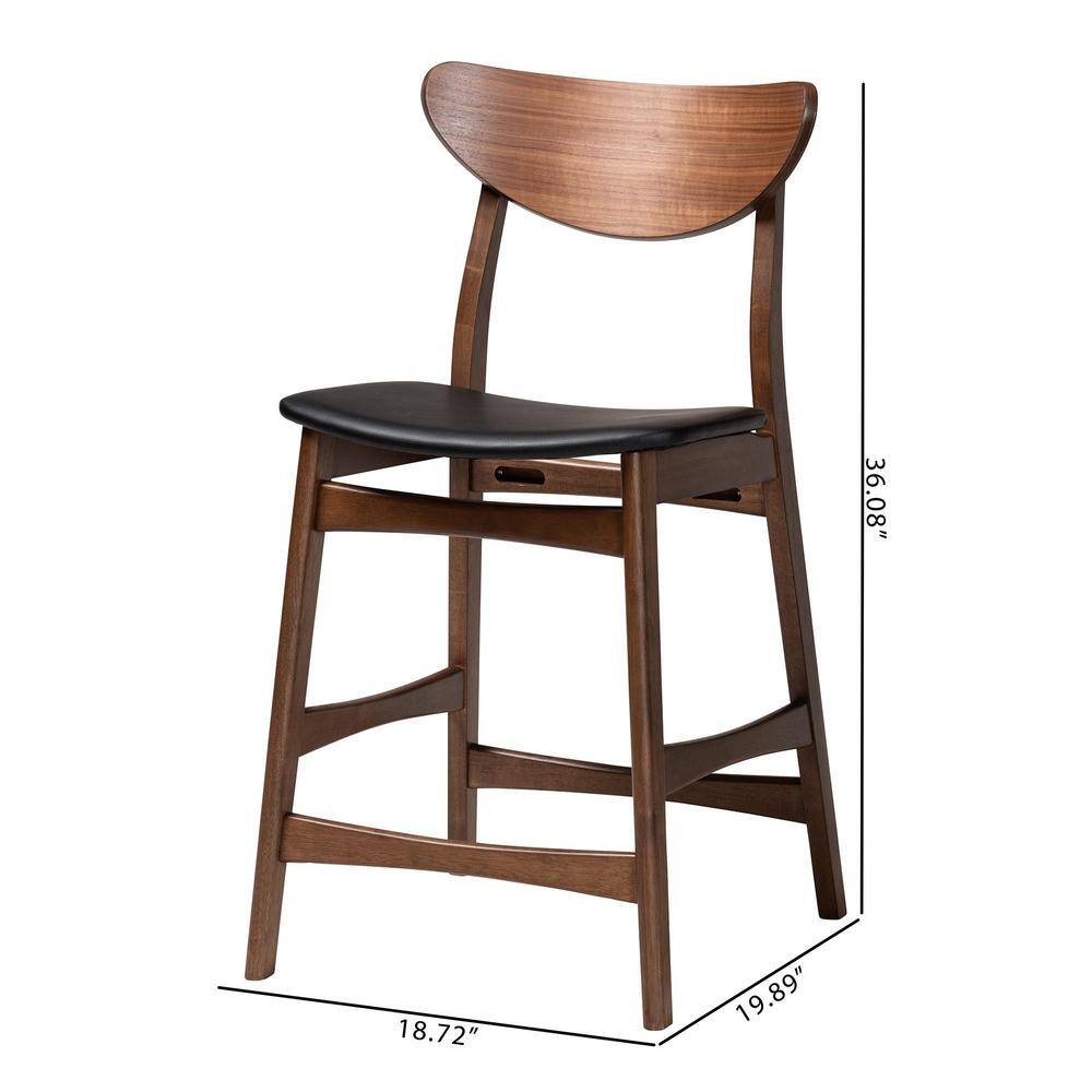 24" Modern Walnut Wood Counter Stool with Black Faux Leather