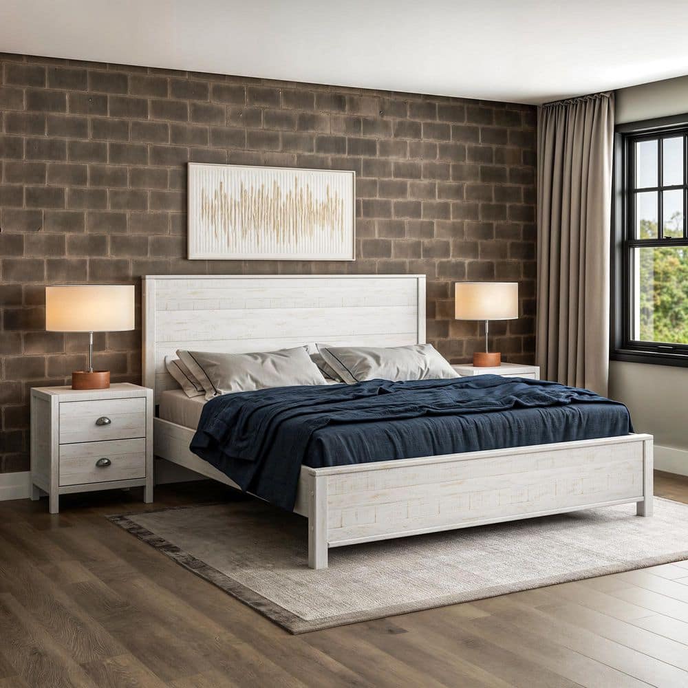 Standard Baja Shabby White Wood Frame King Panel Bed with Solid Wood
