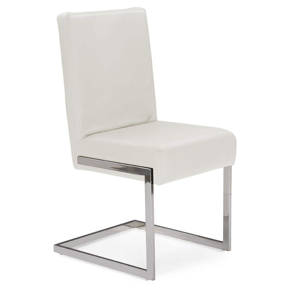 Set of 2 White Faux Leather and Stainless Steel Dining Chairs