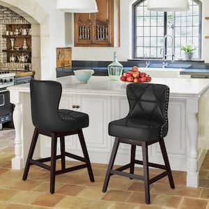 Hampton 26 in. Black Solid Wood Frame Counter Stool with Back Faux Leather Upholstered Swivel Bar Stool Set of 2