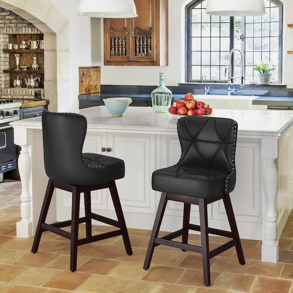 OrangeOne Hampton 26 in. Black Solid Wood Frame Counter Stool with Back Faux Leather Upholstered Swivel Bar Stool Set of 2