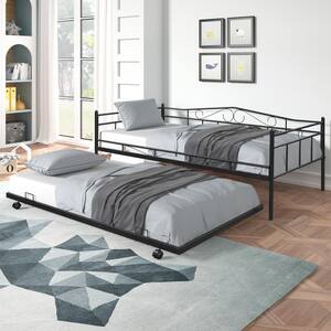 Black Twin Size Metal Daybed with Trundle, Space Saving Metal Platform Bed Frame with Built-in Casters for Living Room