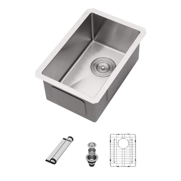 10 in. Undermount Single bowl 16 Gauge Stainless Steel Kitchen Bar Sink with Bottom Grid and Strianer