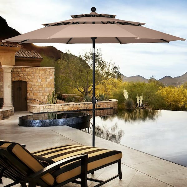 FORCLOVER 10 ft. 3-Tier Aluminum Market Patio Umbrella with with Double Vented in Beige