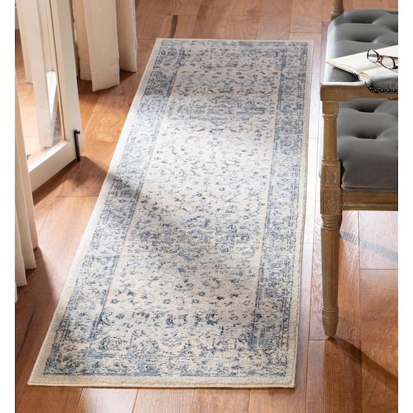 Charleston Ivory/Navy 2 ft. x 16 ft. Distressed Border Runner Rug