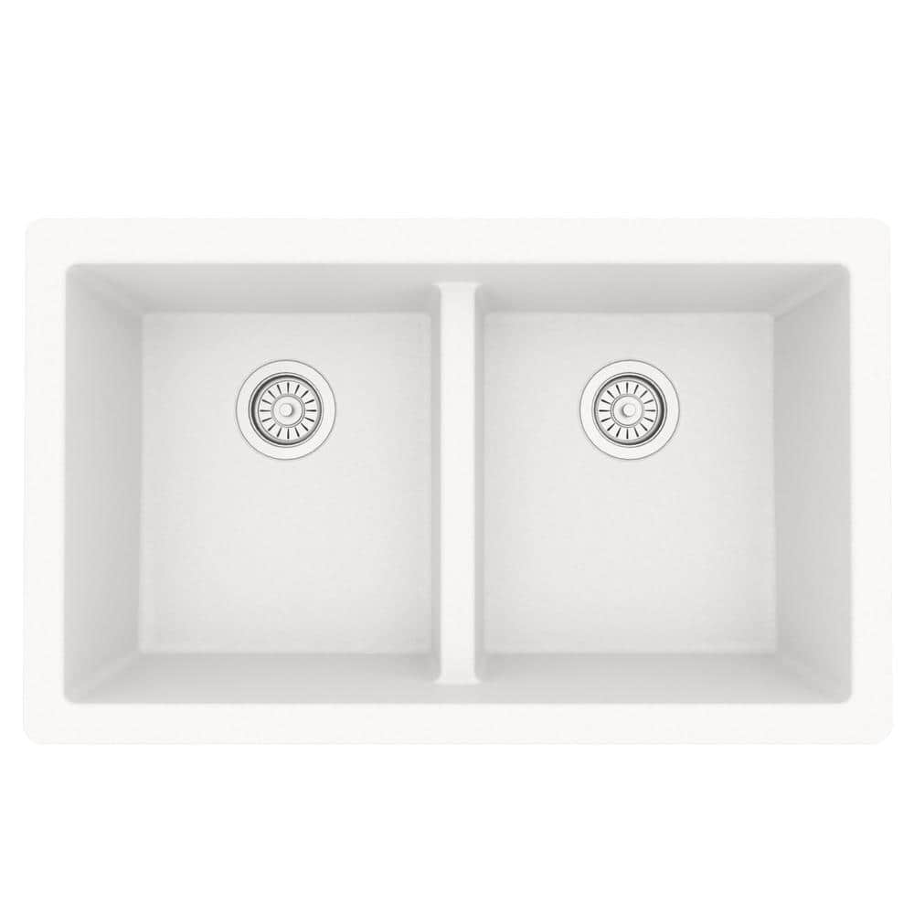 White Quartz Double Bowl Undermount Kitchen Sink, 32"