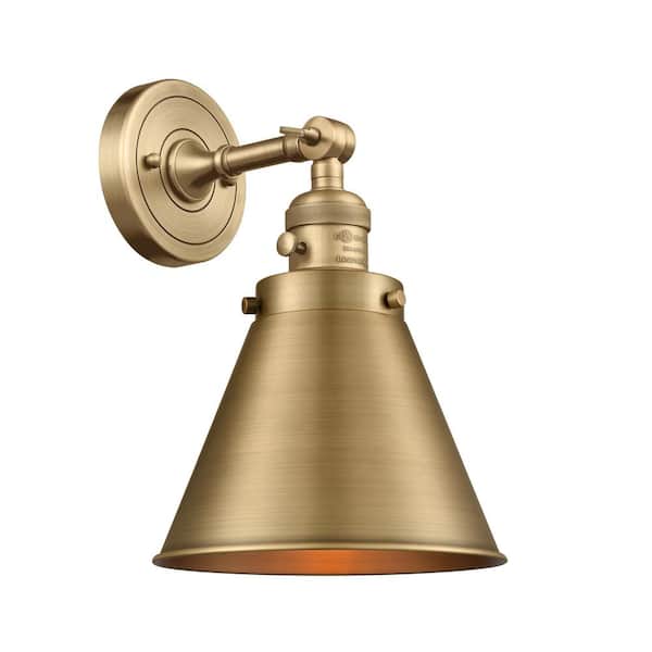 Appalachian 8 in. 1-Light Brushed Brass Wall Sconce with Brushed Brass Metal Shade with On/Off Turn Switch