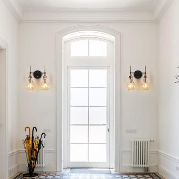 Modern Bathroom Teardrop Vanity Light 2-Light Black and Brass Wall Sconce Light with Clear Glass Shade