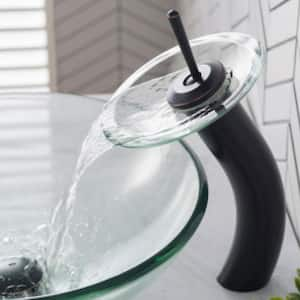 Single-Tone 16.5 in. Round Vessel Bathroom Sink in Clear Glass with Waterfall Faucet in Oil Rubbed Bronze