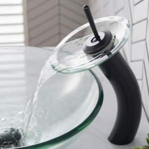 Glass Vessel Sink in Clear with Waterfall Faucet in Oil Rubbed Bronze