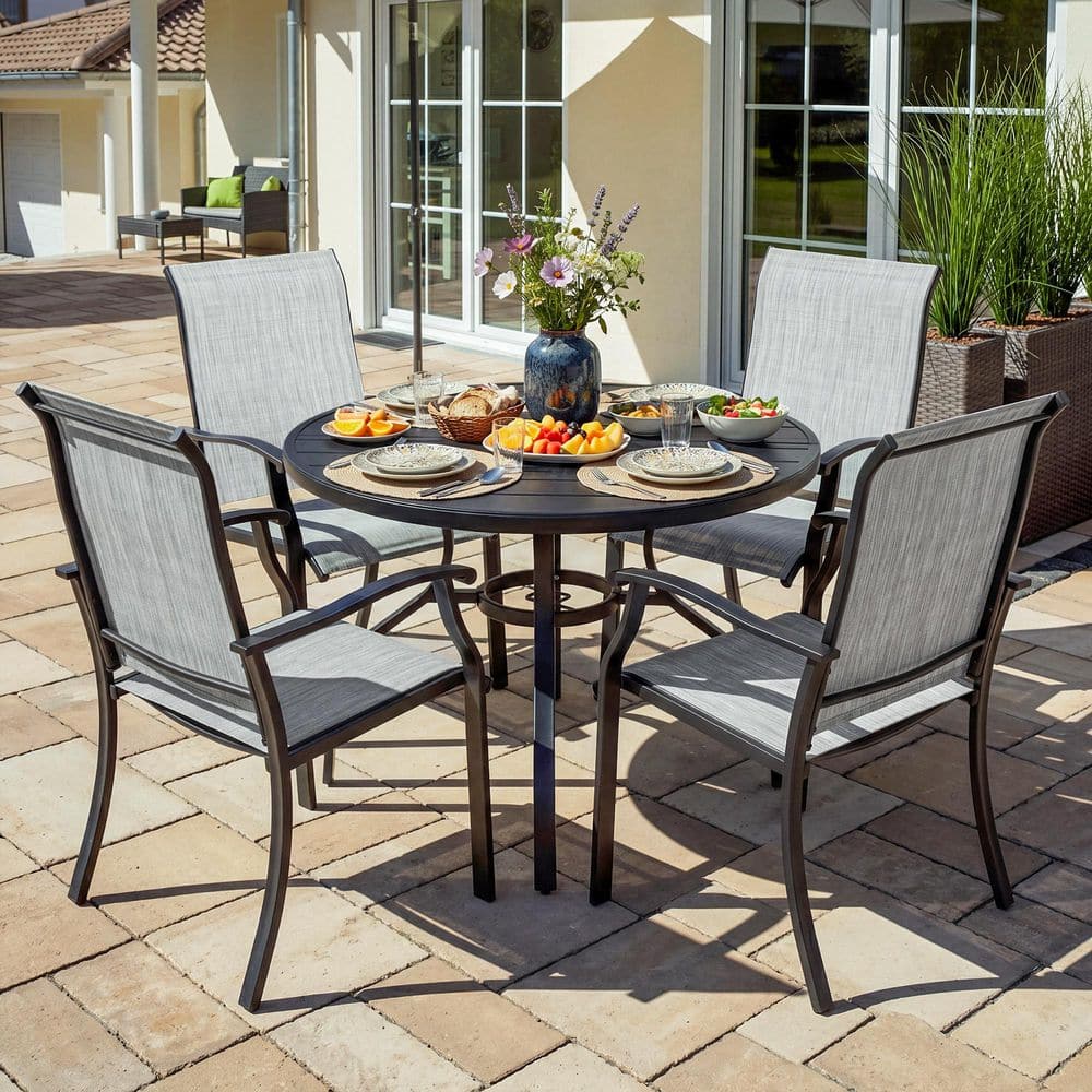 Black 5-Piece Textilene Metal Round Outdoor Dining Set with Umbrella Hole, Slatted Tabletop and Powder-Coated Frame price history on PriceWatchPro