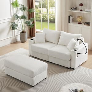 72.8 in. Corduroy Sectional Sofa in Beige with Ottoman, Storage Armrests, 2 USB Ports, 2 Cup Holders and Phone Holder