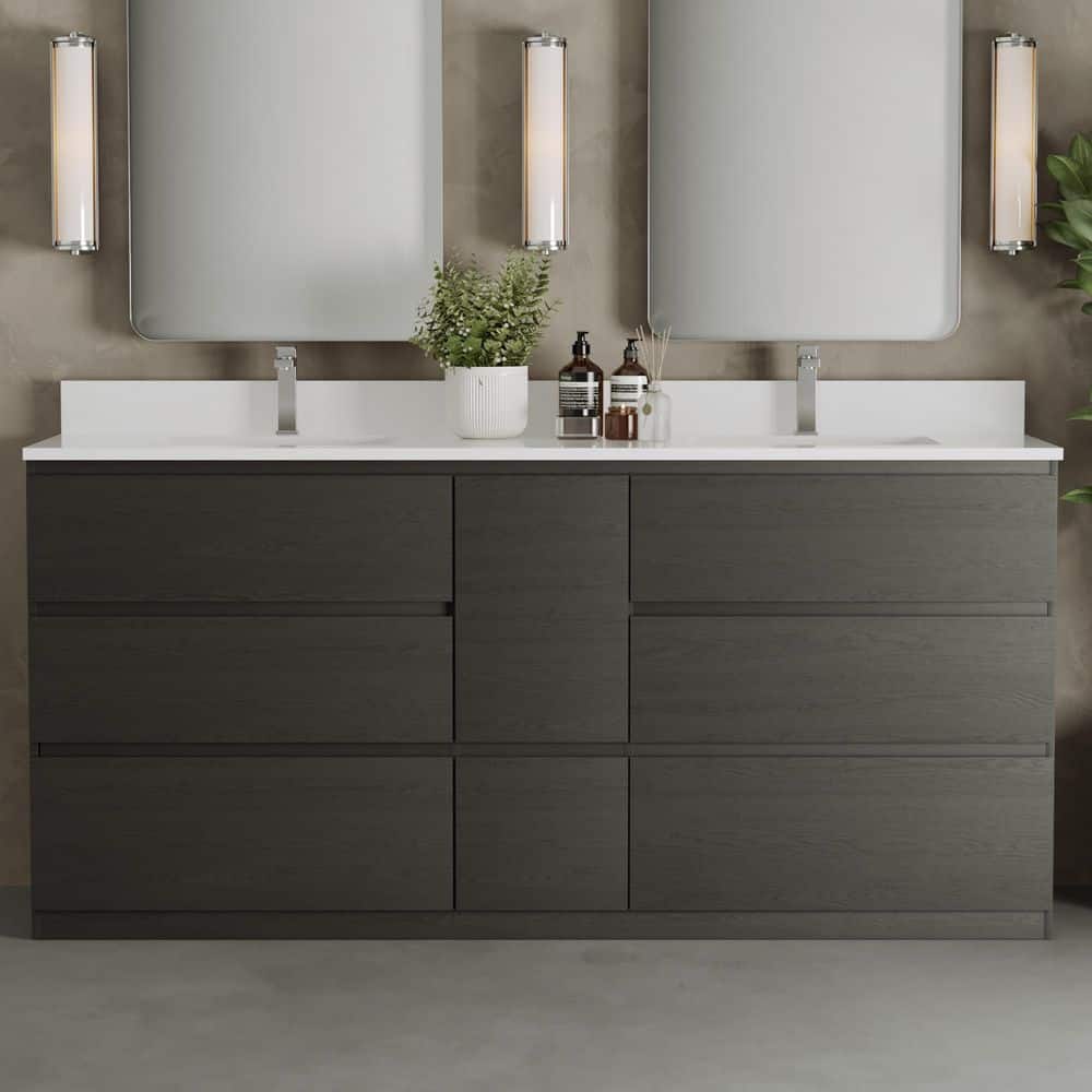 Vamo 72in. Double Sink Walnut Bath Vanity with White Engineered Stone Top price history on PriceWatchPro