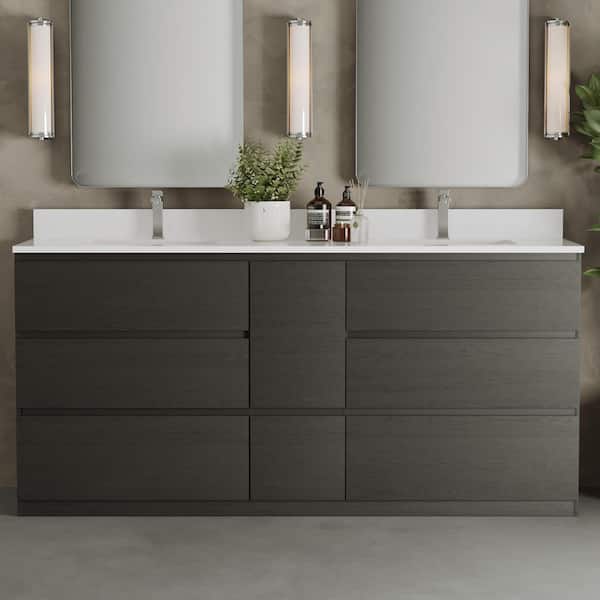 Vamo 72in. Double Sink Walnut Bath Vanity with White Engineered Stone Top