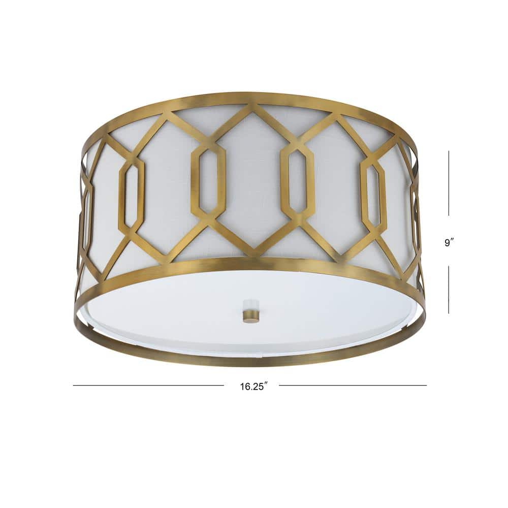 Satin Brass Hex 3-Light 16.25" Metal LED Flush Mount with Linen Shade