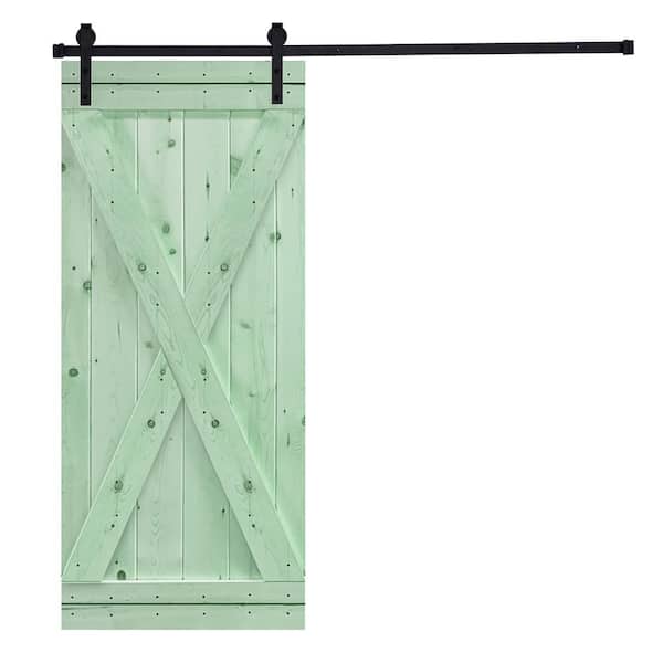 AIOPOP HOME X-Bar Serie 38 in. x 84 in. Iced Mint Knotty Pine Wood DIY Sliding Barn Door with Hardware Kit