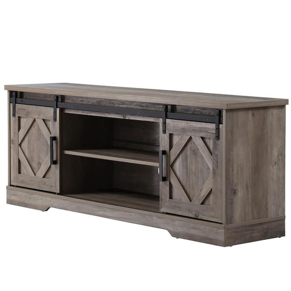 WAMPAT Farmhouse 59 in. Gray TV Stand Sliding Barn Door Entertainment ...