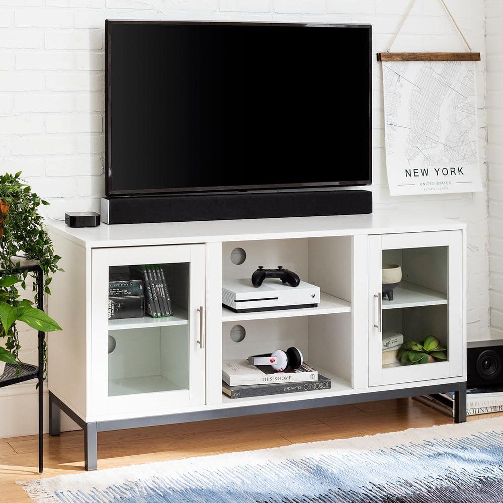 Modern 52" White Wood TV Console with Metal Accents