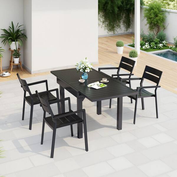 5-Piece Aluminum Rectangular Outdoor Dining Set with Expandable Table and Stackable Arms Chairs in Black