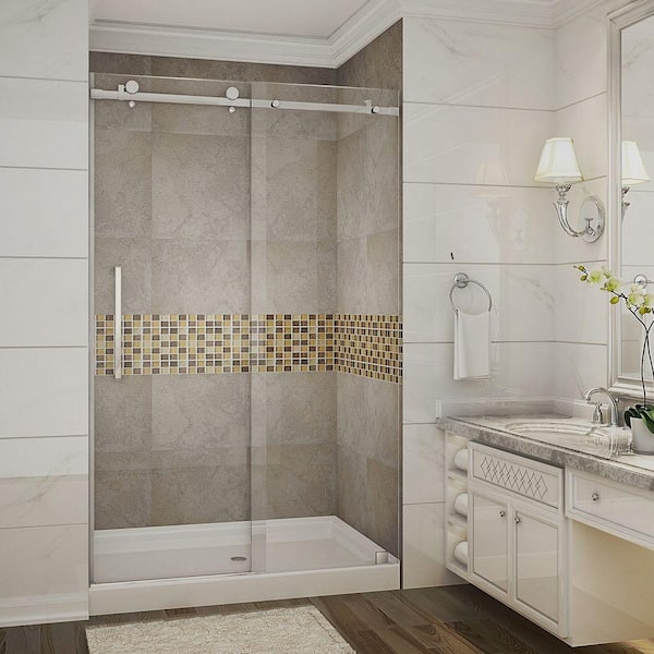Aston Moselle 48 in. x 77-1/2 in. Completely Frameless Sliding Shower Door in Chrome with Center Base