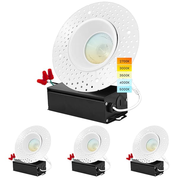 LUXRITE 4" Trimless LED Recessed Light J-Box 5 Color Selectable Plaster Downlight 1000 Lumens Dimmable Wet Rated 4 Pack
