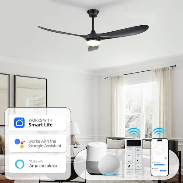 60 in. Indoor/Outdoor Smart Integrated LED Black Downrod Ceiling Fan with Light Kit and Remote/APP Control
