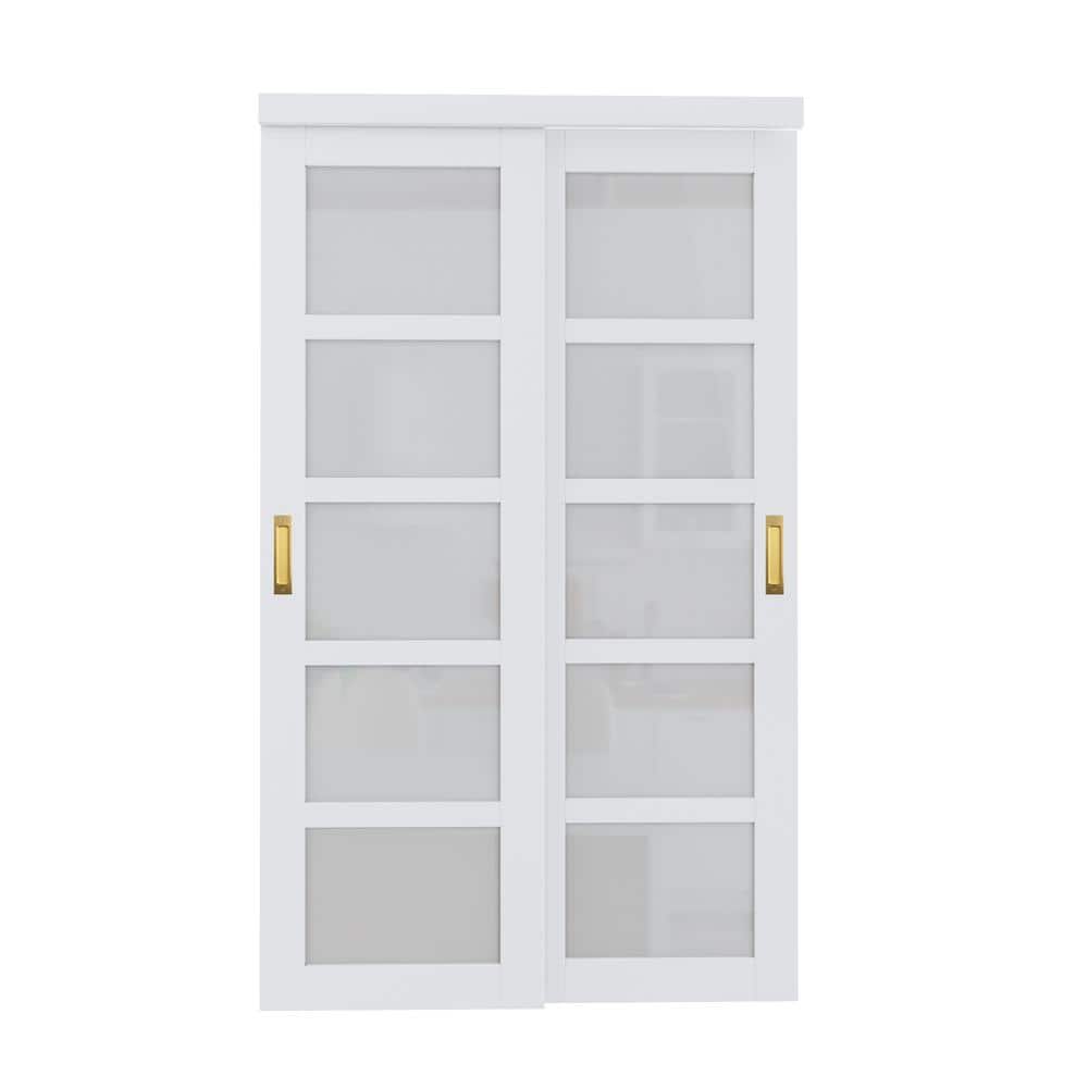48 in. x 80 in. 5-Lite Frosted Glass Primed White MDF Closet Sliding Door No Grooving Golden Handles and Hardware price history on PriceWatchPro