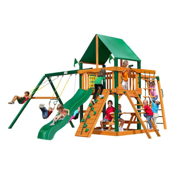 Gorilla Playsets Navigator Wooden Swing Set with Green Vinyl Canopy, Timber Shield Posts and Monkey Bars
