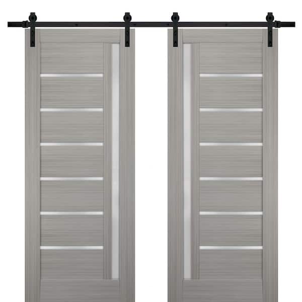 Assemble Required 56 in. x 84 in. Single Panel Gray Finished Solid MDF Sliding Door with Double Barn Black Kit