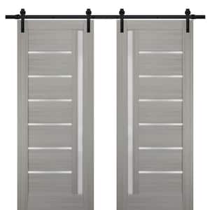 60 in. x 84 in. Single Panel Gray Finished Solid MDF Sliding Door with Double Barn Black Kit