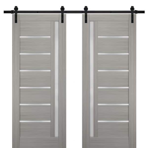 Sartodoors 84 in. x 80 in. Single Panel Gray Finished Solid MDF Sliding Door with Double Barn Black Kit