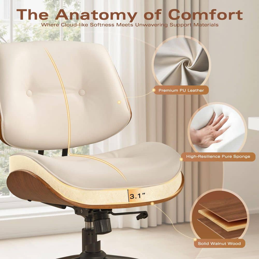 Kam PU Fabric Swivel Ergonomic Armless Office Task Chair in White Recliner Tilting and Lumbar Support - Thumbnail 2