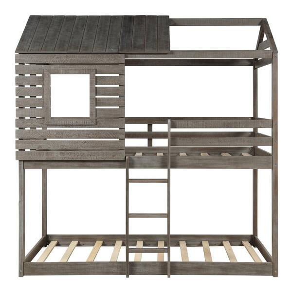 Qualler Antique Gray Twin over Twin House Style Bunk Bed BLE000088E ...