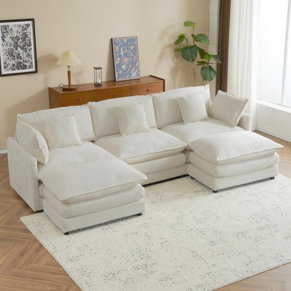 112.6 in Corduroy Modular Sectional Sofa in. Beige with Pillows, Side Pockets, 2-Layer Seat Cushions, 2 Ottomans