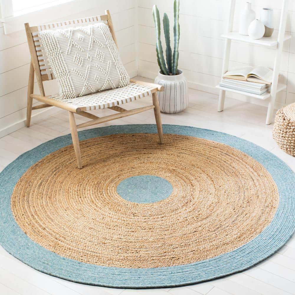 Handmade Blue and Natural Braided Round Wool Cotton Rug