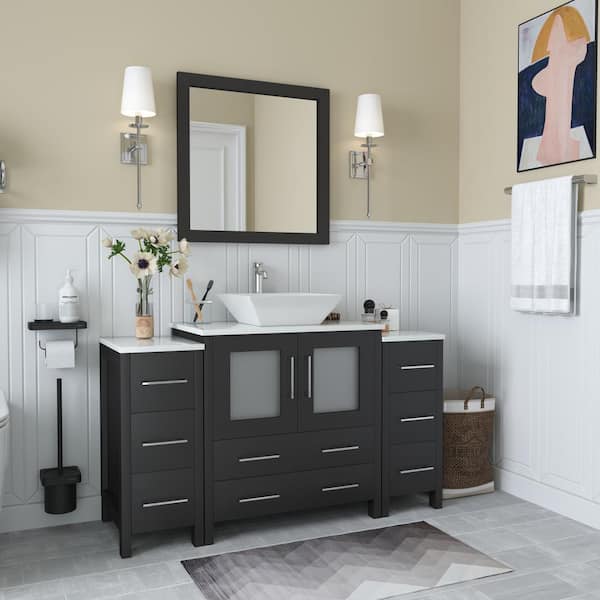 Vanity Art Ravenna 54 in. W Bathroom Vanity in Grey with Single Basin in White Engineered Marble Top and Mirror
