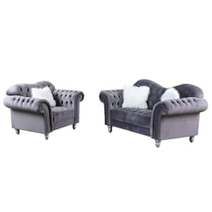 Luxury Classic 2-Piece America Chesterfield Tufted Camel Back Sofa Set Chair and Loveseat in Grey