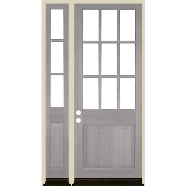 Krosswood Doors 50 in. x 96 in. Farmhouse 9-Lite Clear Glass Right-Hand Grey Stain Hemlock Wood Prehung Front Door w/ LSL
