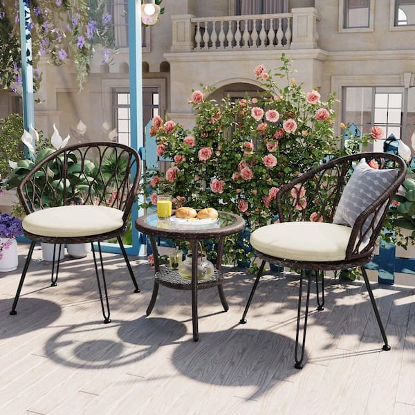 3-Piece Brown Wicker Round Table Outdoor Bistro Set with White Cushion