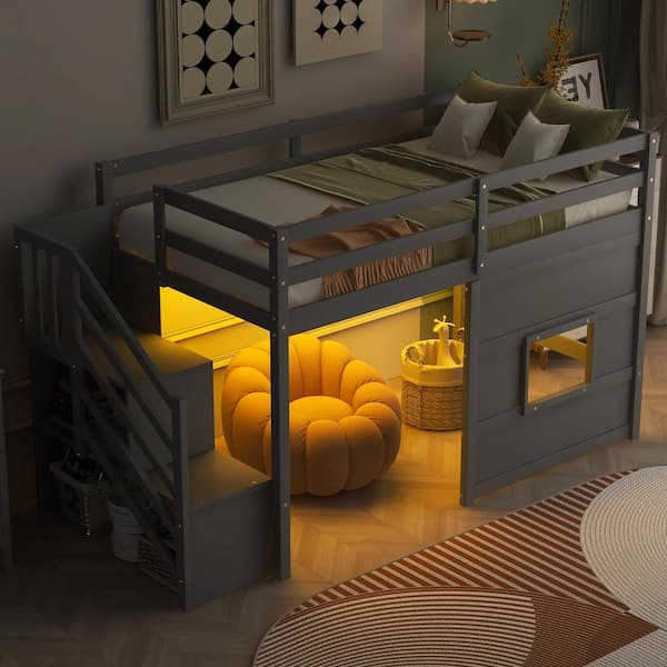 Gray Wood Frame Twin Size Loft Bed with LED Light, Storage Staircase and Window