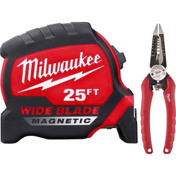Milwaukee 25 ft. x 1.3 in. Wide Blade Magnetic Tape Measure with 6-in-1 Wire Stripper Pliers