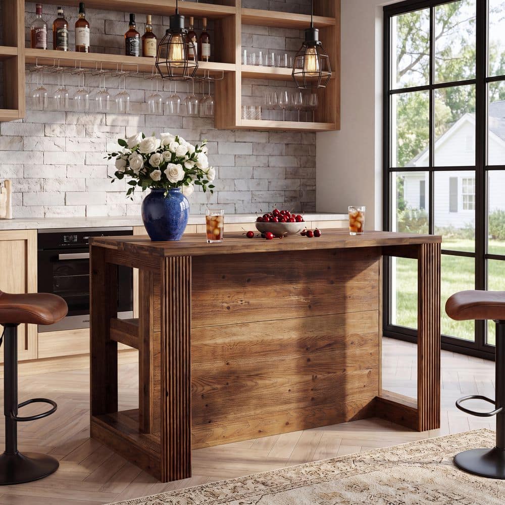 BYBLIGHT Walnut 35.43 in. H Solid Wood Bar Table Seat 4 Farmhouse