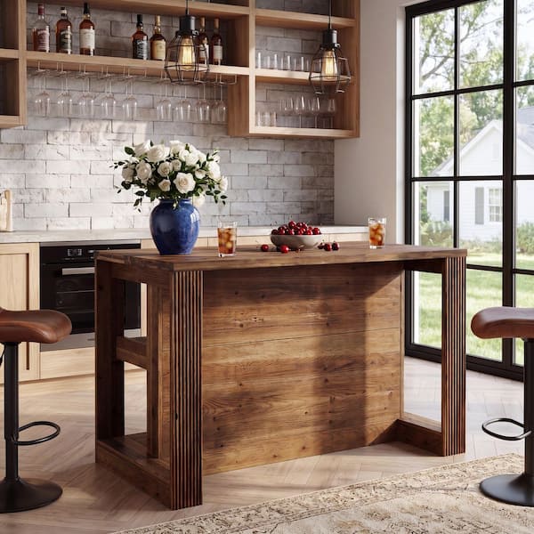 BYBLIGHT Walnut 35.43 in. H Solid Wood Bar Table Seat 4 Farmhouse