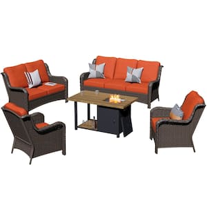 Joyo Ung Brown 5-Piece Wicker Outdoor Patio Fire Pit Table Conversation Seating Set with Orange Red Cushions