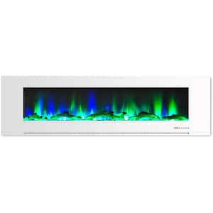 72 in. Wall-Mount Electric Fireplace in White with Multi-Color Flames and Driftwood Log Display
