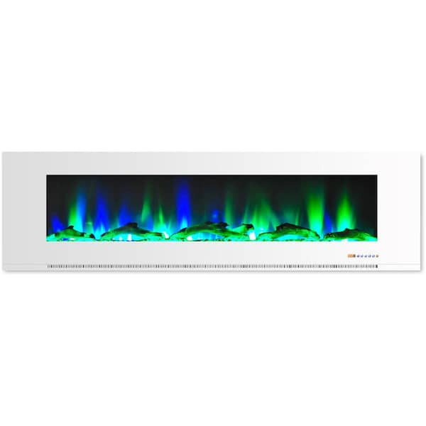 Hanover 72 in. Wall-Mount Electric Fireplace in White with Multi-Color Flames and Driftwood Log Display