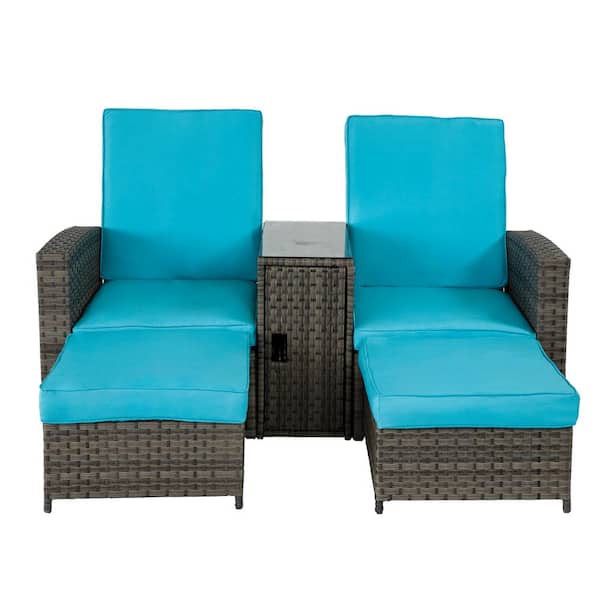 DIRECT WICKER Rome Brown 5-Piece Resin Wicker Patio Conversation Seating Group with Blue Cushions