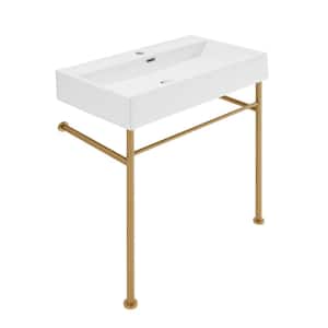 Claire 30 in. Ceramic Console Sink Basin in White with Brushed Gold Legs