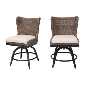 Hazelhurst Brown Wicker Outdoor Patio Swivel High Dining Chairs with CushionGuard Almond Tan Cushions (2-Pack)
