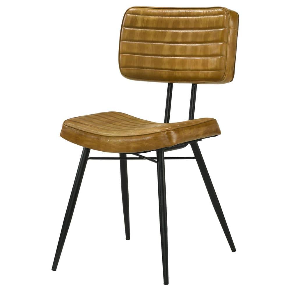 Camel Genuine Leather Upholstered High Side Chair with Metal Legs